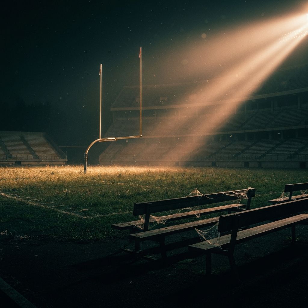 Abandoned vintage American football stadium at night