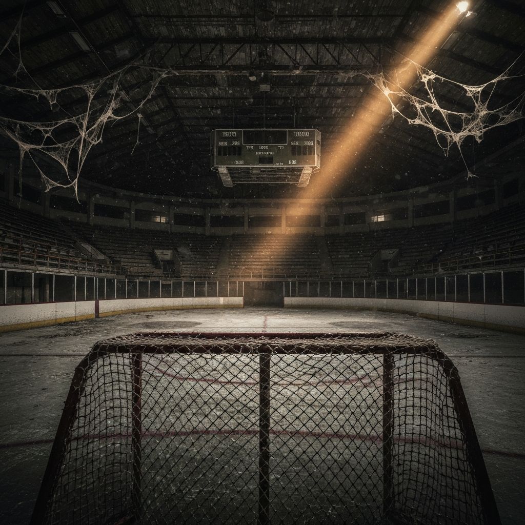 Abandoned vintage hockey rink with cracked ice and cobwebs