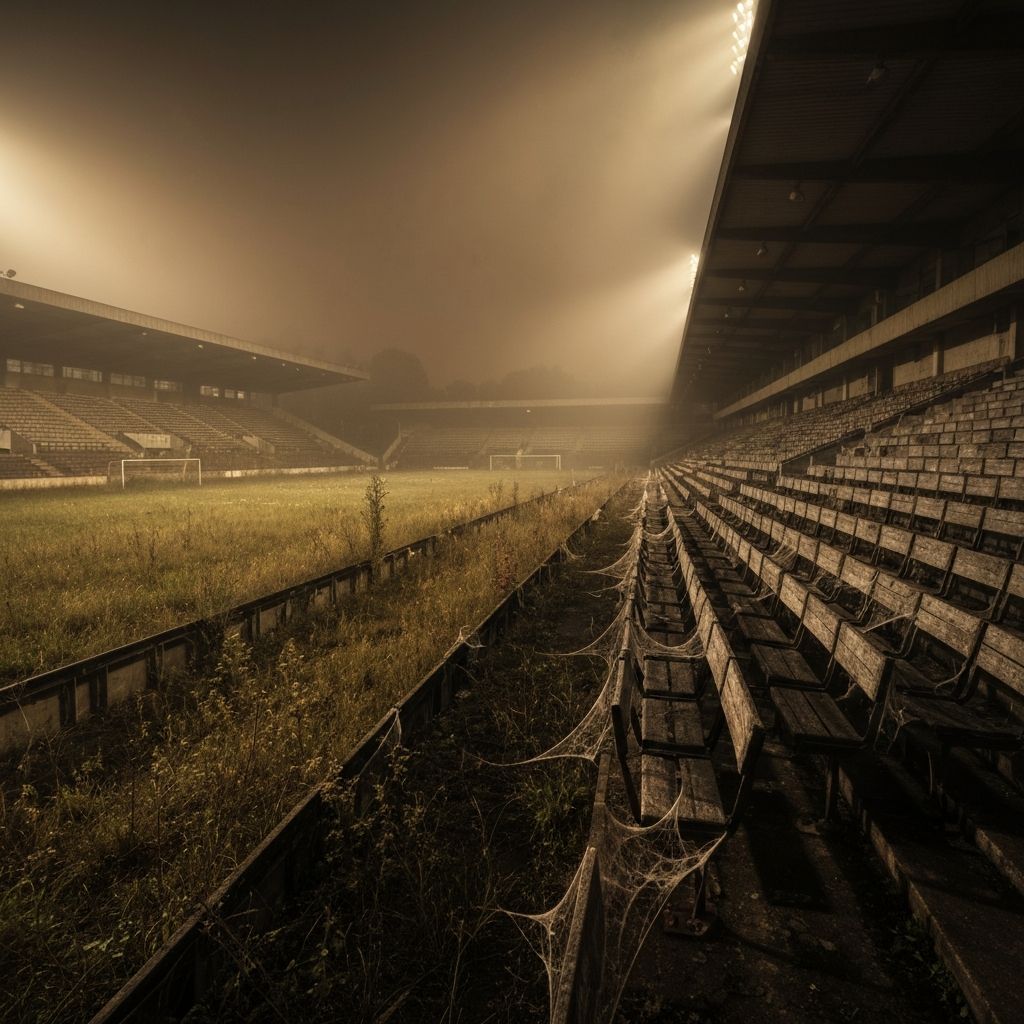 Abandoned vintage European football stadium at night